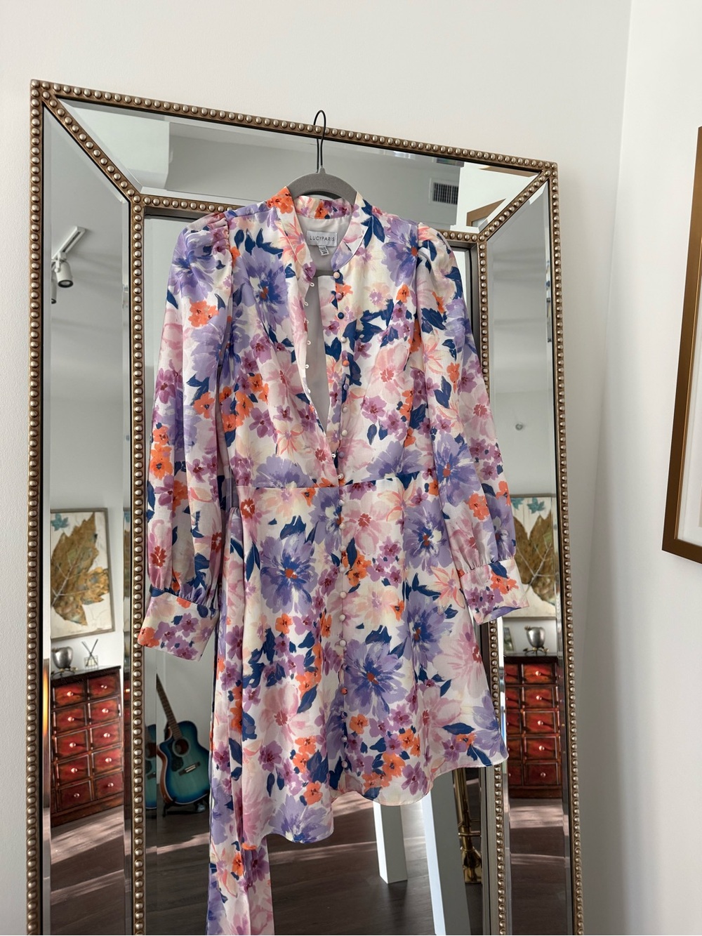Lucy Paris Floral Long Sleeve Mini Dress in Lavender, Coral and Navy